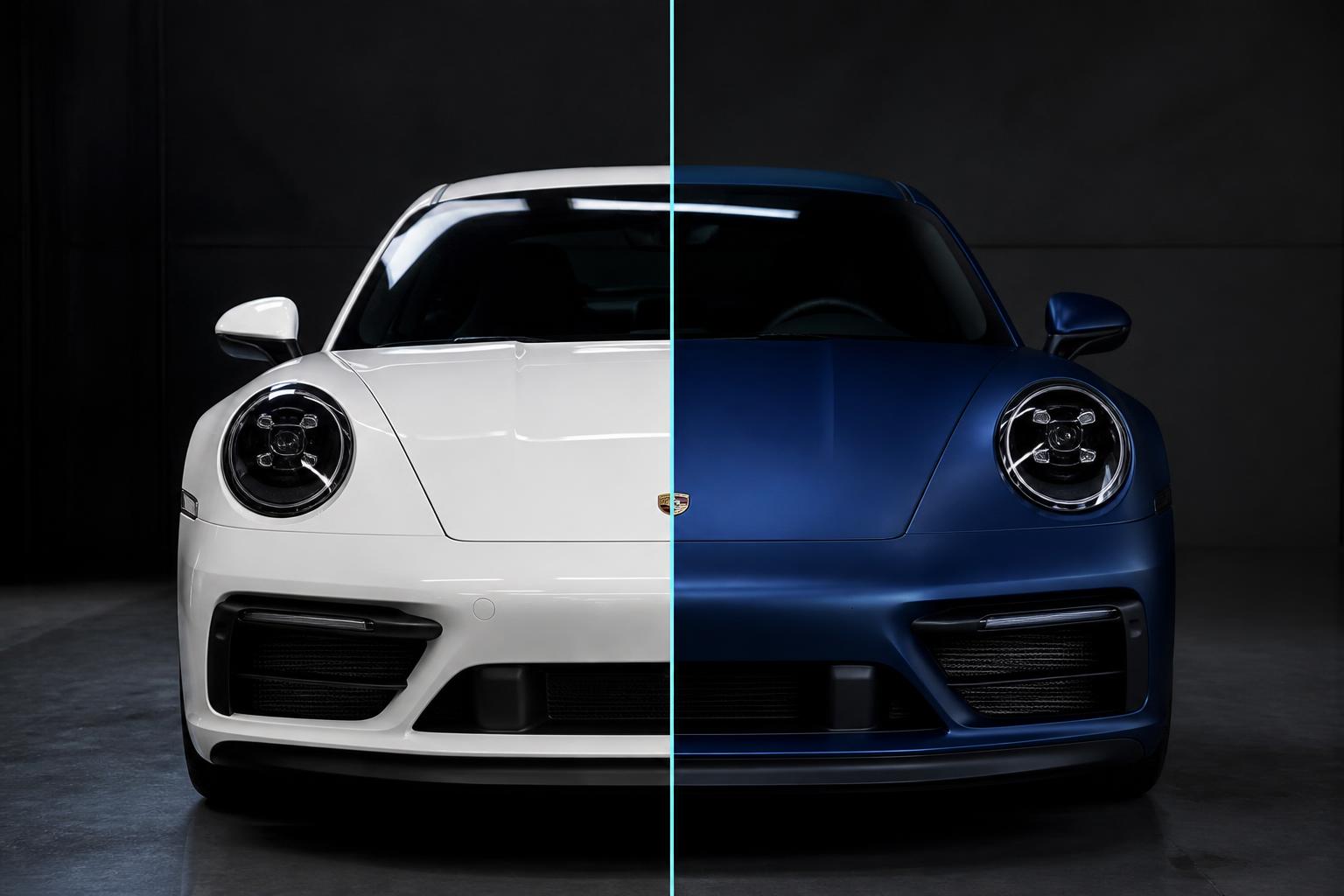 Same sports car shown half in gloss white paint and half in satin midnight blue wrap
