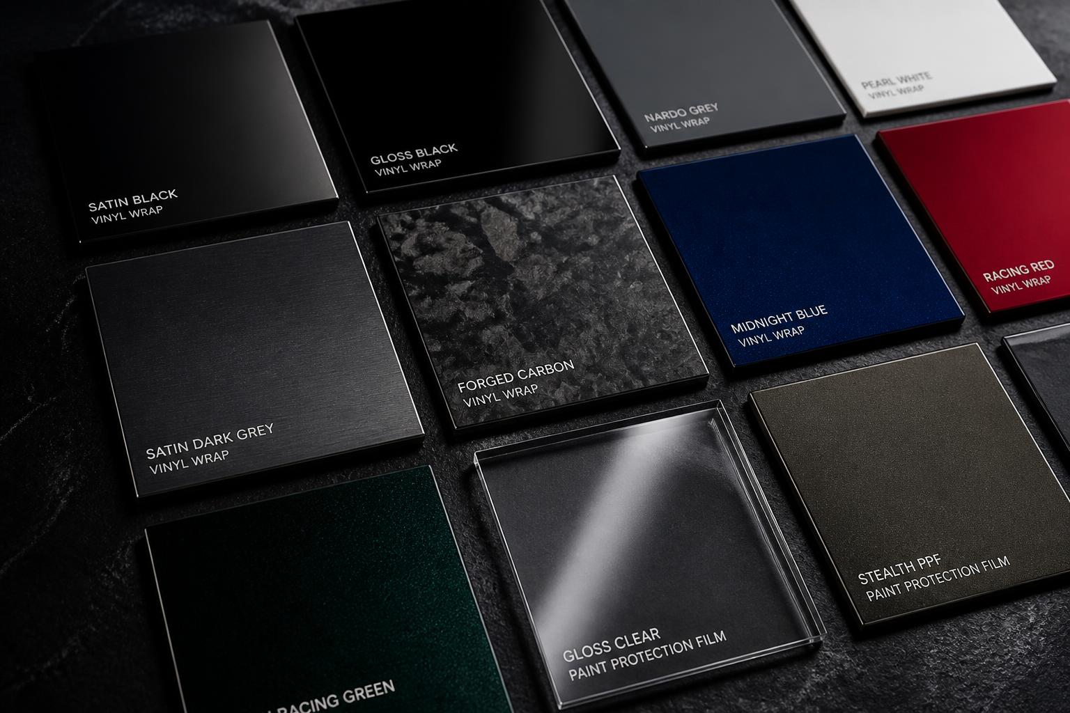 Grid of vinyl wrap and paint protection film swatch samples on a dark surface